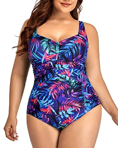 Long - line bikini top for added support and a fashionable lookClasp Hook Closure Retro One Piece Swimsuits For Curvy Women-Blue Leaves