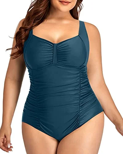 Sustainable bikini made from recycled materials for eco - conscious beachgoersRuched Front Retro Swimwear For Curvy Women-Teal