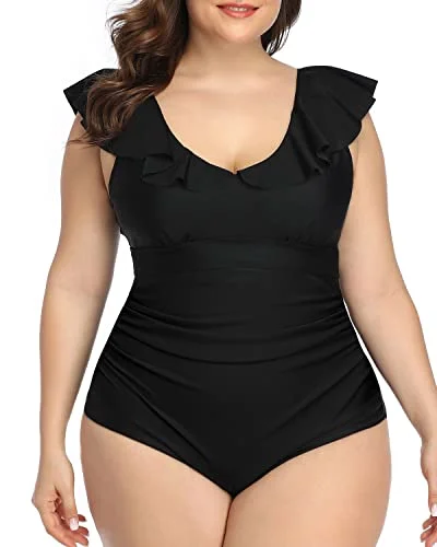 Sports bikini for high - intensity water activities like surfingU-Shaped Back Plus Size One Piece Swimsuits For Curvy Women-Black