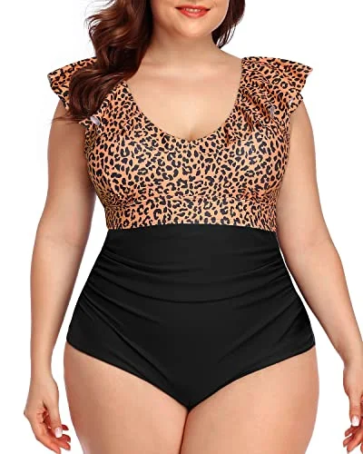 String bikini for a minimalistic and sexy beach styleU-Shaped Back Plus Size V-Neck One Piece-Brown Lepoard