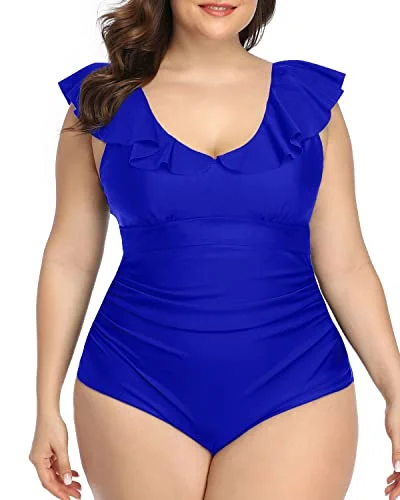 Monokini - style bikini with a unique one - piece - meets - bikini designCute Falbala V-Neck One Piece Swimsuits For Women-Royal Blue