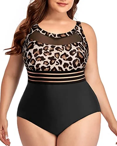 Convertible bikini that can be worn in multiple styles for versatilityRetro Mesh High Neck Plus Size One Piece Swimsuits-Black And Leopard