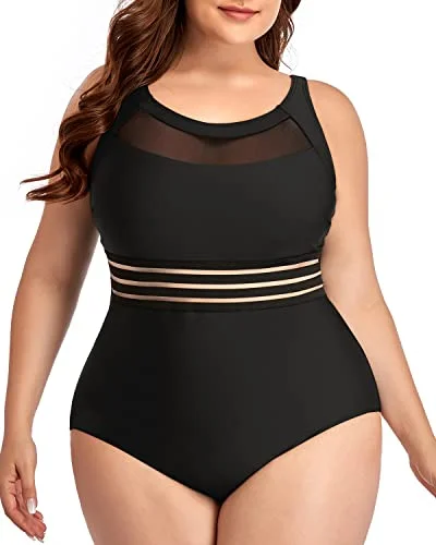 Sports bikini for high - intensity water activities like surfingMesh High Neck Bathing Suits For Plus Size Women-Black