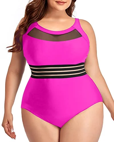 Neon - colored bikini to stand out on the beachElegant Vintage High Neck Plus Size One Piece Bathing Suits-Neon Pink