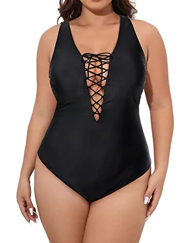 Neon - colored bikini to stand out on the beachPlunging Lace-Up Plus Size One Piece Swimsuits For Women-Black