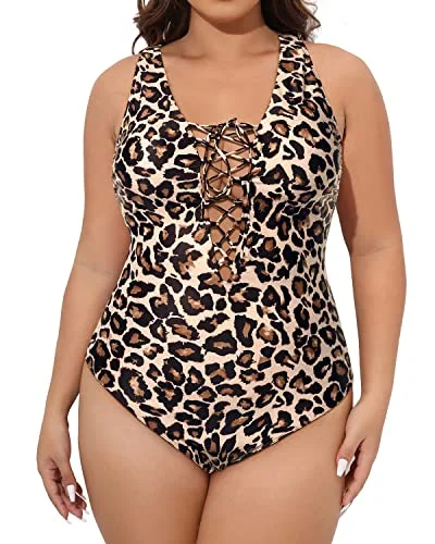 Push - up bikini top to enhance the bust for a confident beach appearanceTummy Control Crochet Trim Plus Size One Piece Swimsuits For Women-Leopard