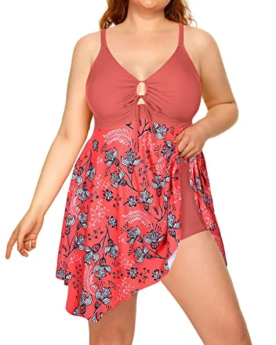 Tropical - themed bikini for a vacation - ready beach outfitWomen Flowy Plus Size Swimdress Boyshorts For Big Bust-Pink Flower